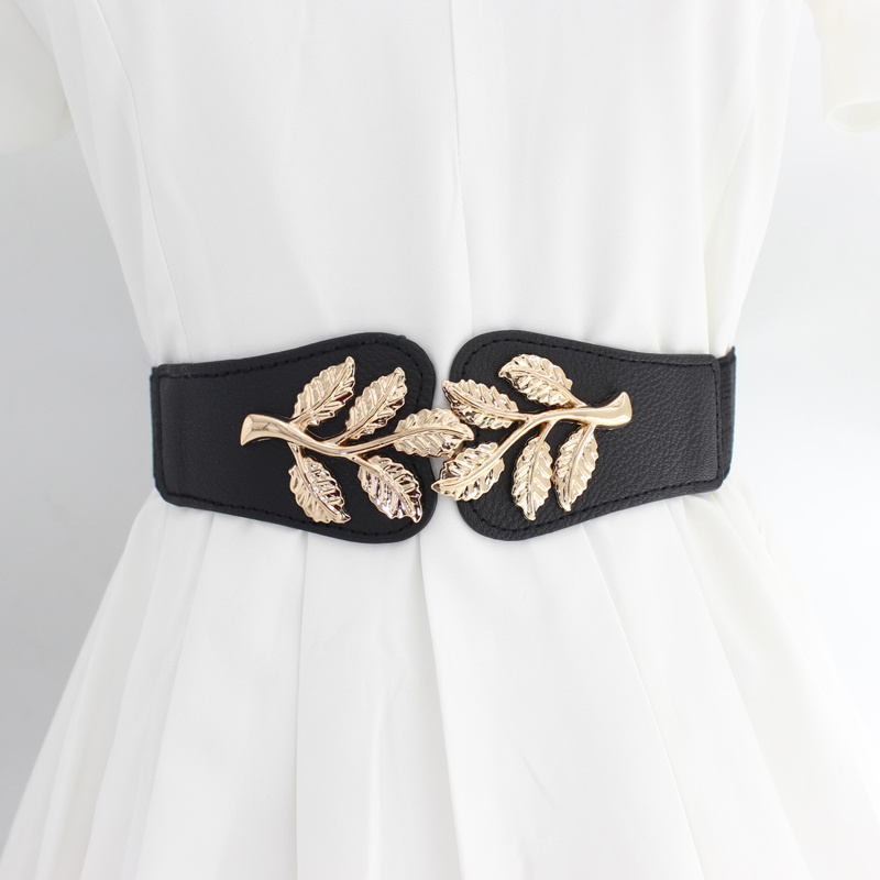 Metal Leaf Decoration Thin Elastic Waist Belt For Women