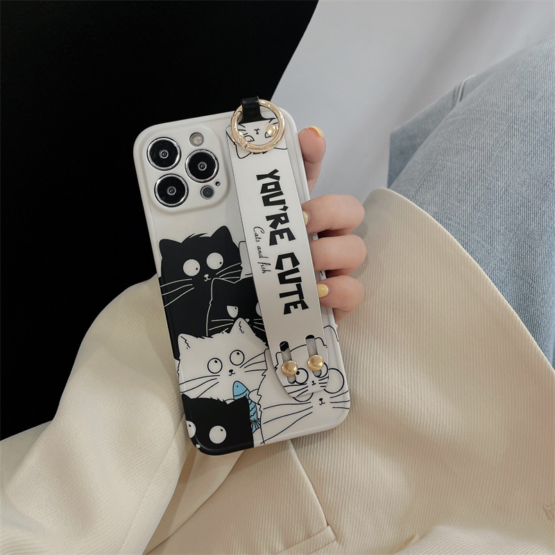 Curious Cute Cat Pattern Phone Case With Wristband For Iphone14 14plus ...