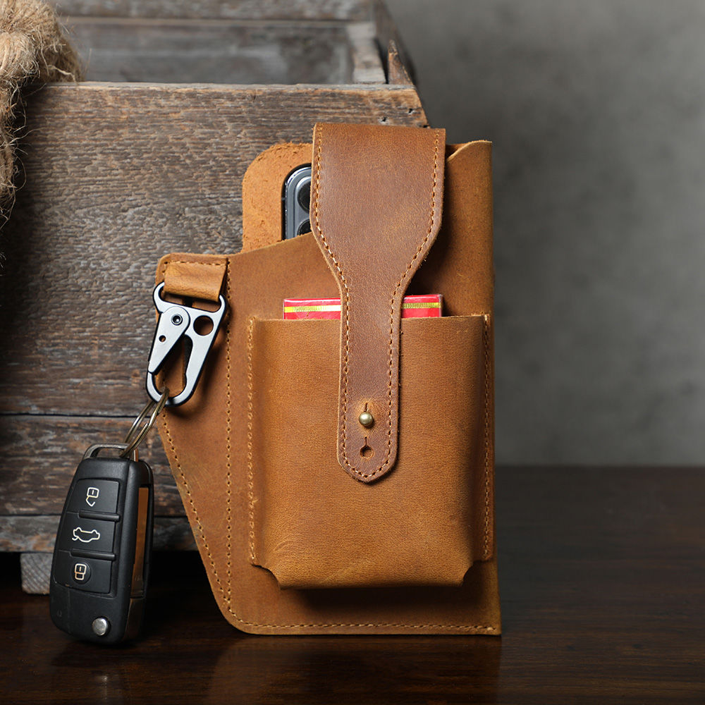 Men Genuine Leather Phone Pouch Belt Bag Waist Belt Wallet Pouch