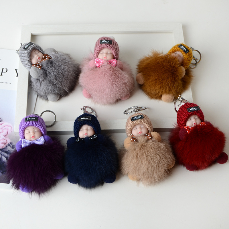 Adorable Faux Fur Fox Fur Ball Sleeping Doll Keychain - A Perfect