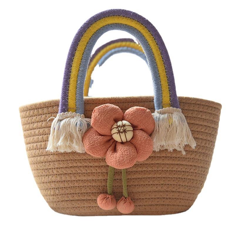 Puff Floral Decor Handabg Double Rainbow Handle Straw Beach Bag
