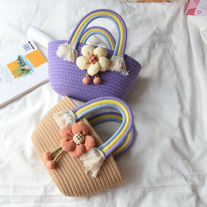 Puff Floral Decor Handabg Double Rainbow Handle Straw Beach Bag