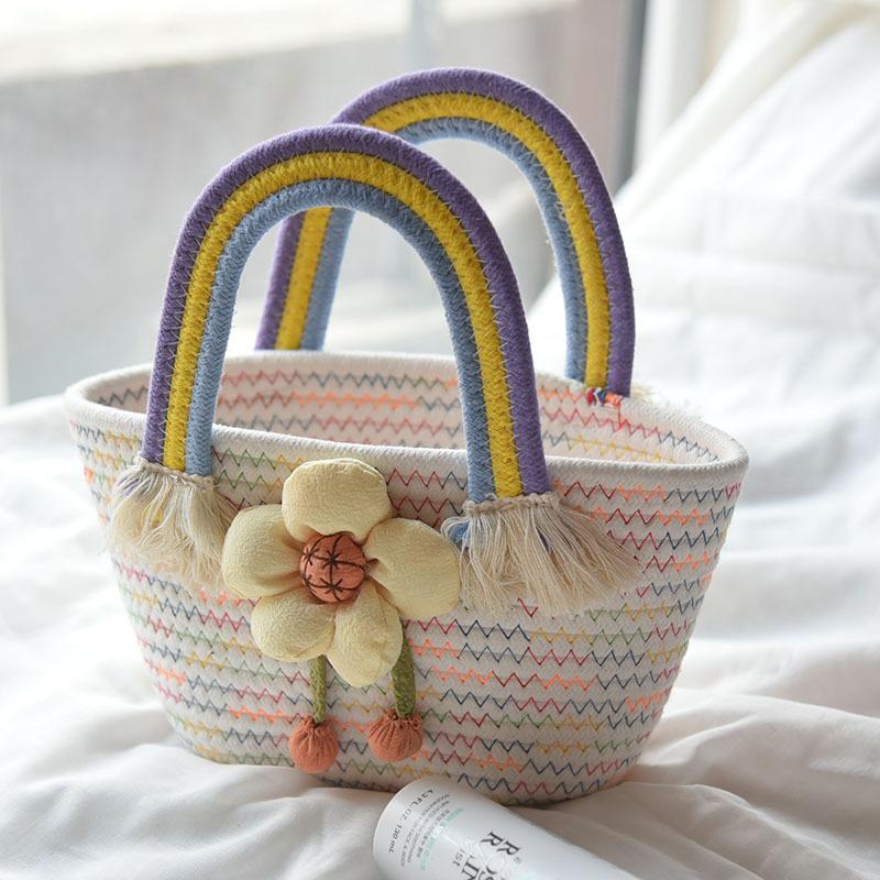 Puff Floral Decor Handabg Double Rainbow Handle Straw Beach Bag