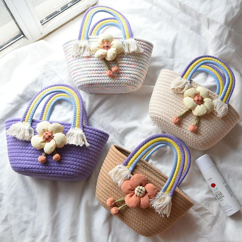 Puff Floral Decor Handabg Double Rainbow Handle Straw Beach Bag