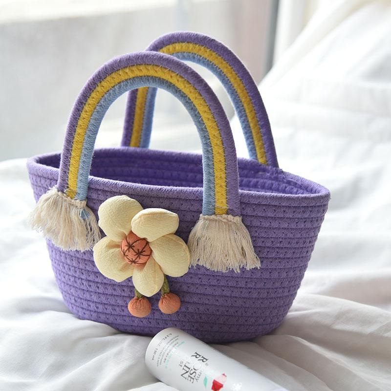 Puff Floral Decor Handabg Double Rainbow Handle Straw Beach Bag