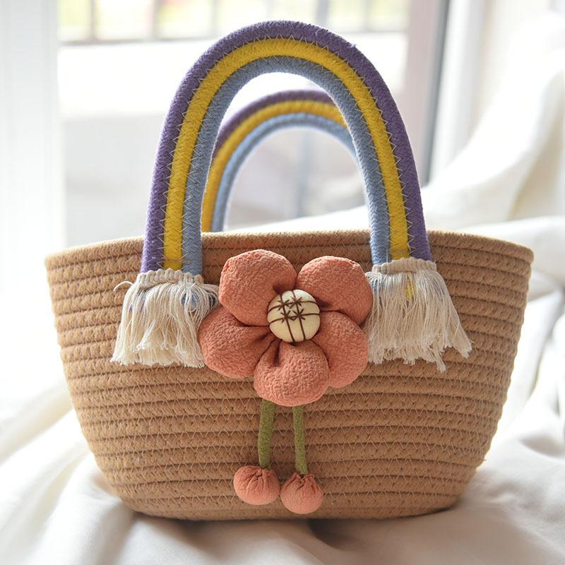 Puff Floral Decor Handabg Double Rainbow Handle Straw Beach Bag