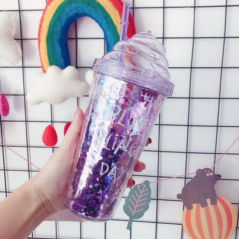 320ml Glitter Water Bottle Double Layer Tumbler With Straw Water