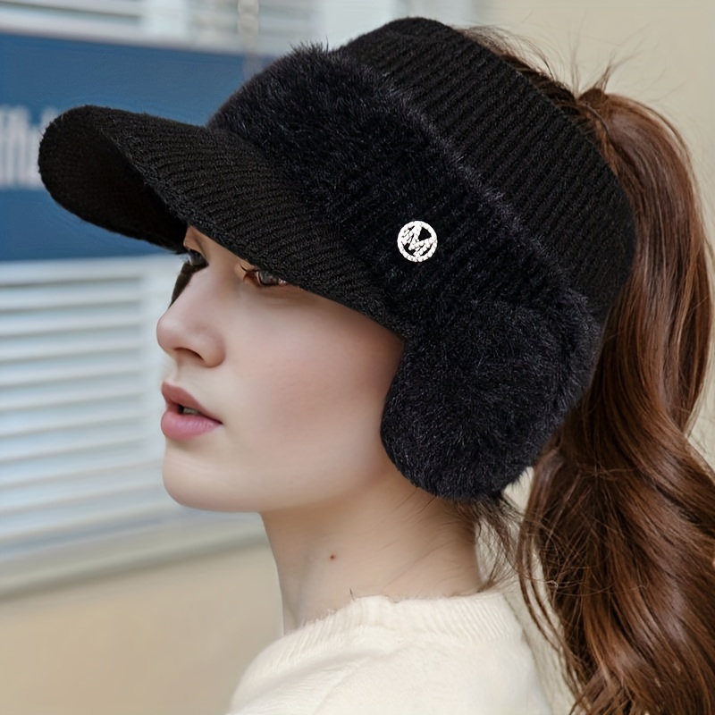 Lady Girls Warm Bomber Caps Plush Baseball Cap Snapback Cap Lamb Wool Hats  Bucket Hat BLACK