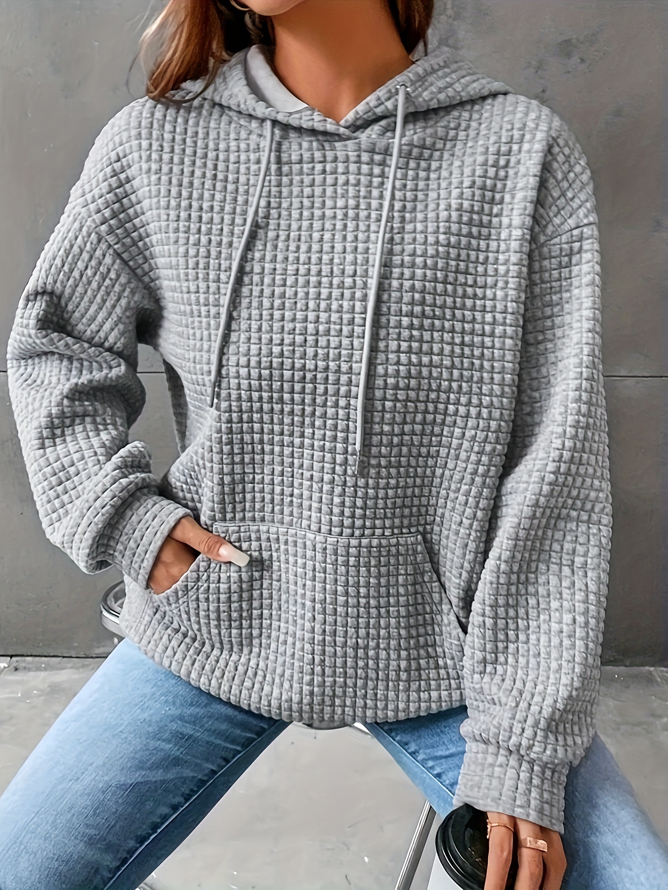 Plus Size Casual Hoodie Women's Plus Solid Ribbed Long - Temu Canada