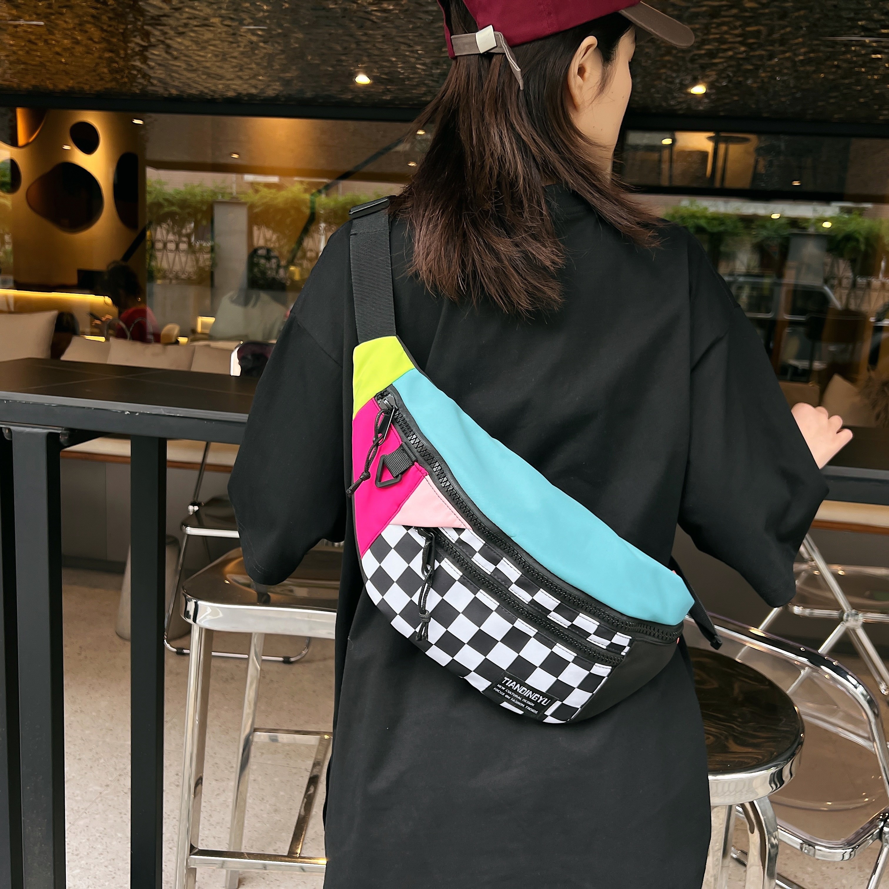 Fashion Chain Waist Bags Female Waist Pack Ladies Strap Crossbody Canvas  Bags Printed Letter Plaid Pattern Fanny Pack for Women