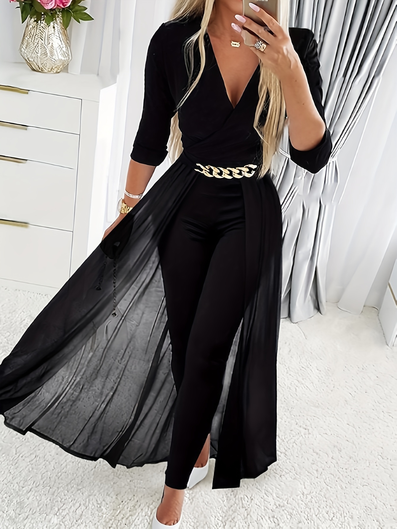 Color Block V Neck Long Sleeve Bodycon Jumpsuit Street Sexy