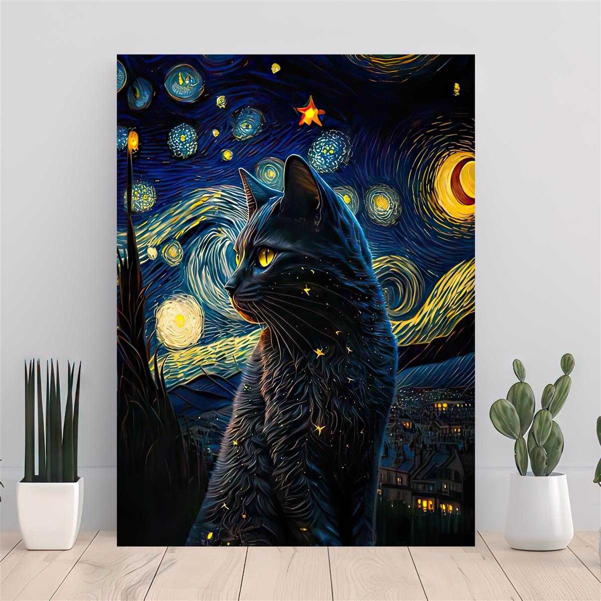 4pcs Starry Night Garden Black Cat Paint By Number Kit For Adults