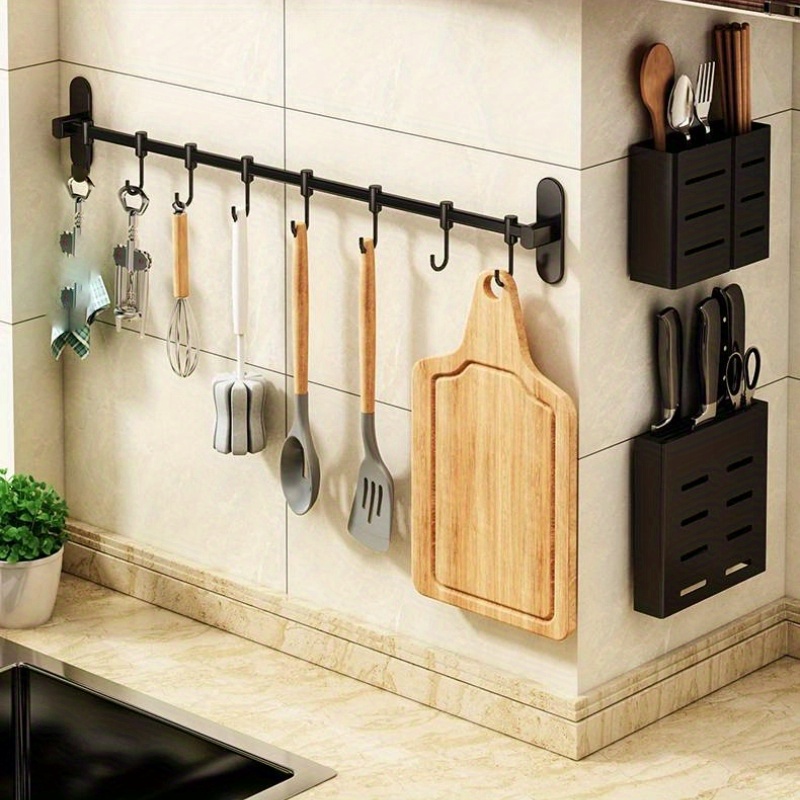  KAIYING Kitchen Utensil Rack with Removable S Hooks for Hanging  Pots and Pans, Rod Hooks for Mugs, Wall Mounted Kitchen Rail Organizer,  Aluminum,(Black-5 Hooks) : Home & Kitchen