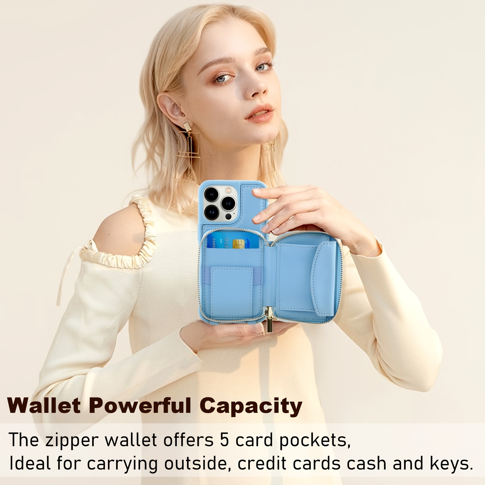 Iphone 13 Pro Max Wallet Case,pu Leather Zipper Handbag,detachable Lanyard  Strap 6.7 Inch,suitable For Female Girls - Denim Blue