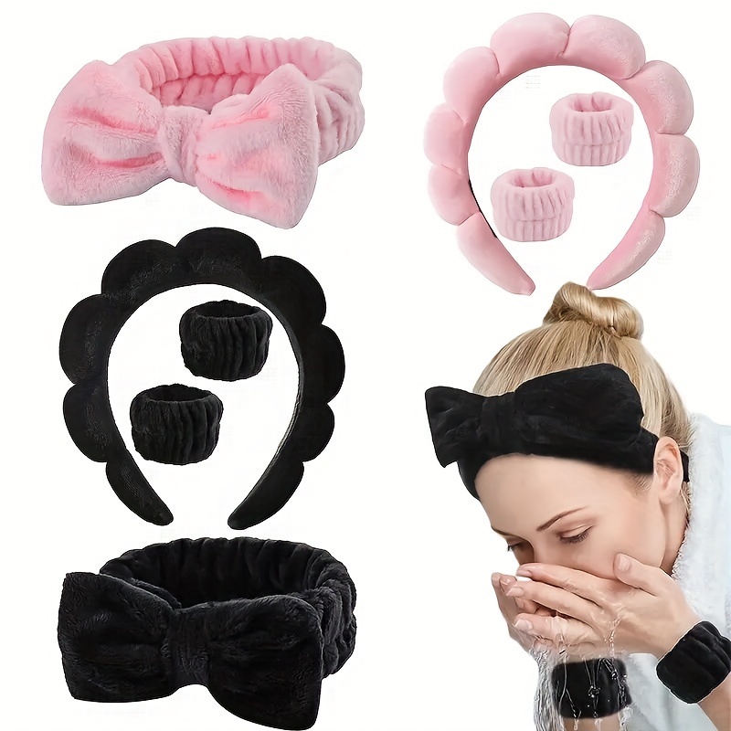  6 Pack Spa Headband, Makeup Headband, Face Wash Headband,  Skincare Headbands, Black White Leopard Sponge Hair Band Bow Tie Spa  Headband For Washing Face Wristband Set Hair Accessories