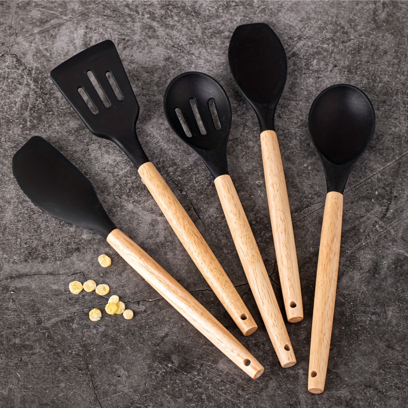  NAYAHOSE - Juego de utensilios de cocina de madera, cucharas  para cocinar, juego de espátulas de cocina de madera de teca natural,  incluye cucharón, tenedor, paquete de 7 unidades. : Hogar