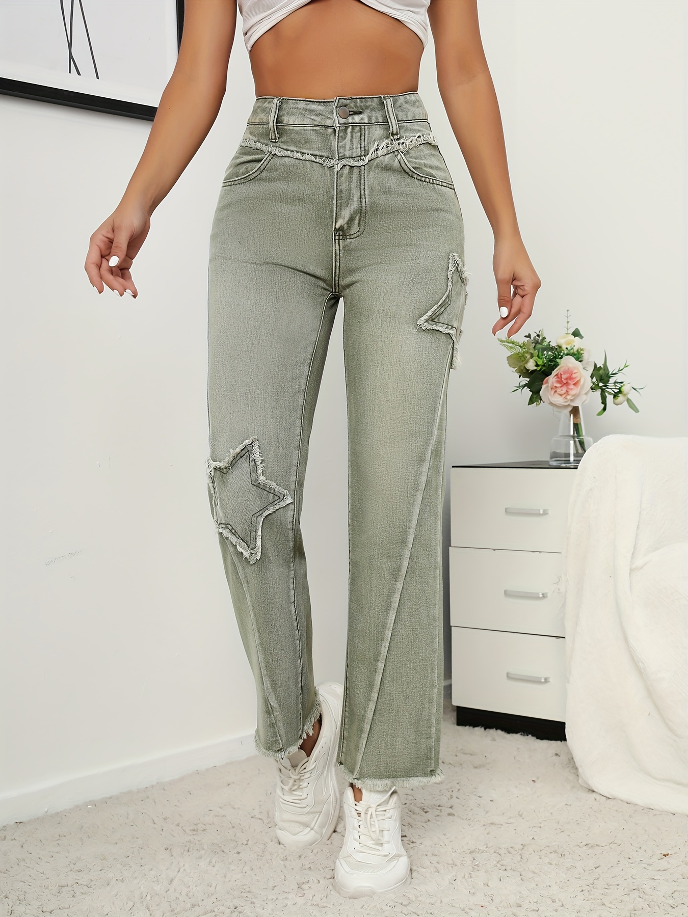 Tie Belt Olive Green Bootcut Jeans, High Stretch Mid Waist Solid Color Bell  Bottoms Flare Vintage Y2K Denim Pants, Women's Denim Jeans & Clothing