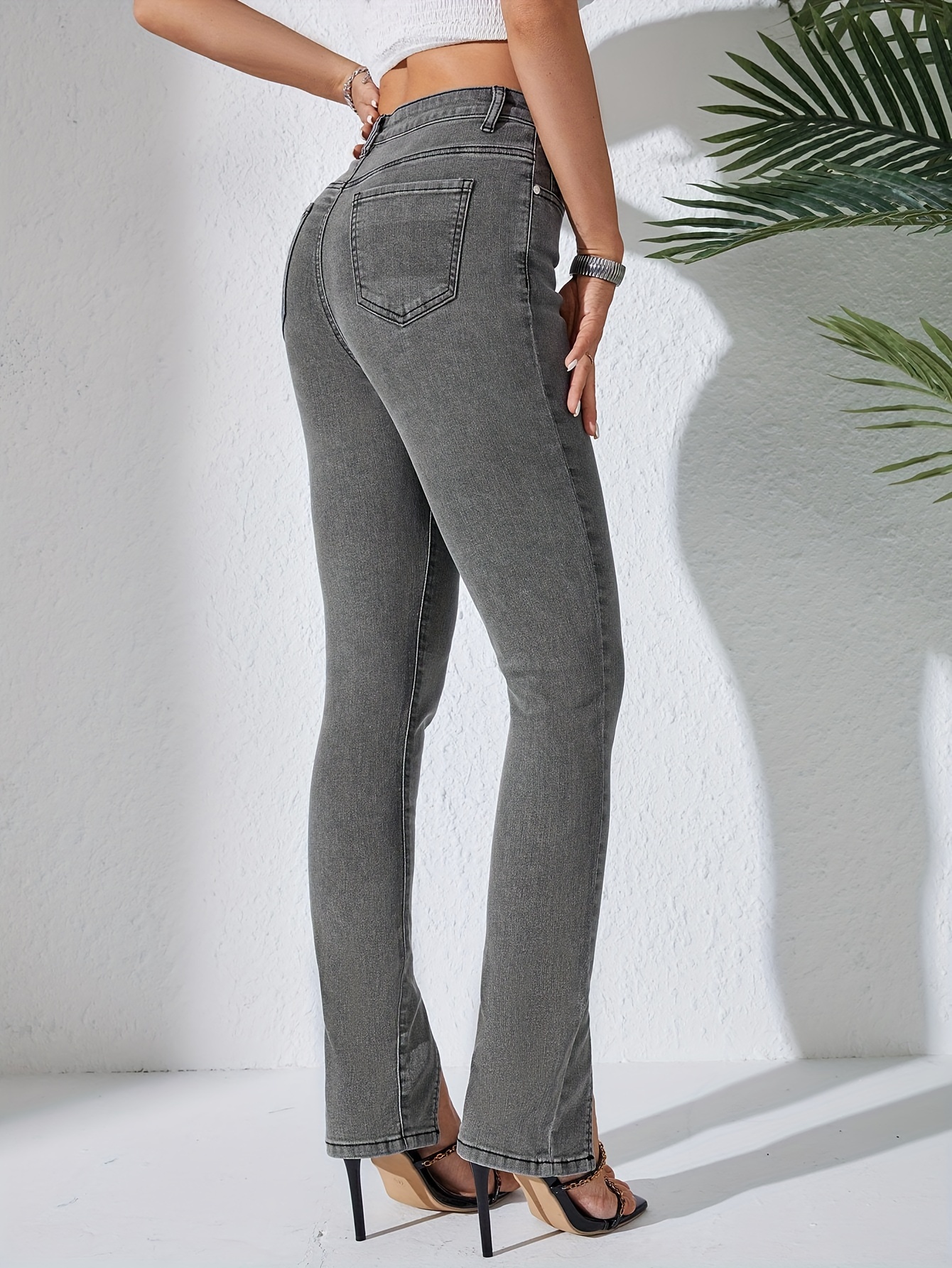 Washed Grey Retro Flare Leg Jeans, High Stretch Slash Pocket Bootcut Denim  Pants, Women's Denim Jeans & Clothing