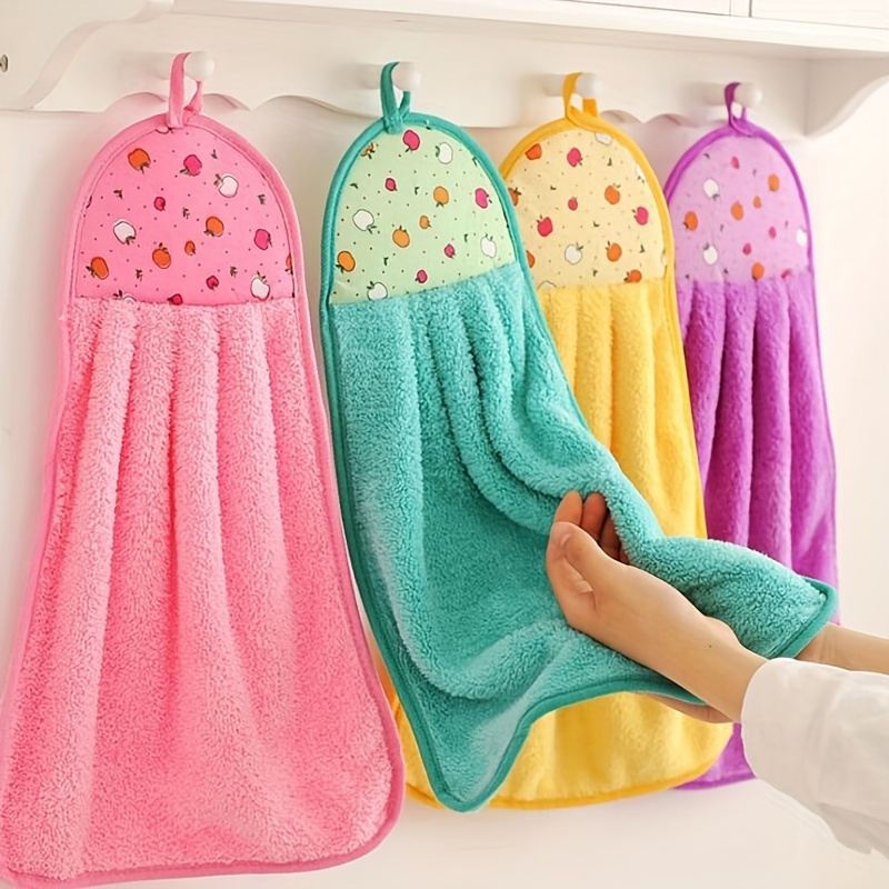 Toalla de mano para niños, paquete de 4 toallas colgantes de algodón puro  de dibujos animados, paño de vellón coral de doble cara, absorción de agua