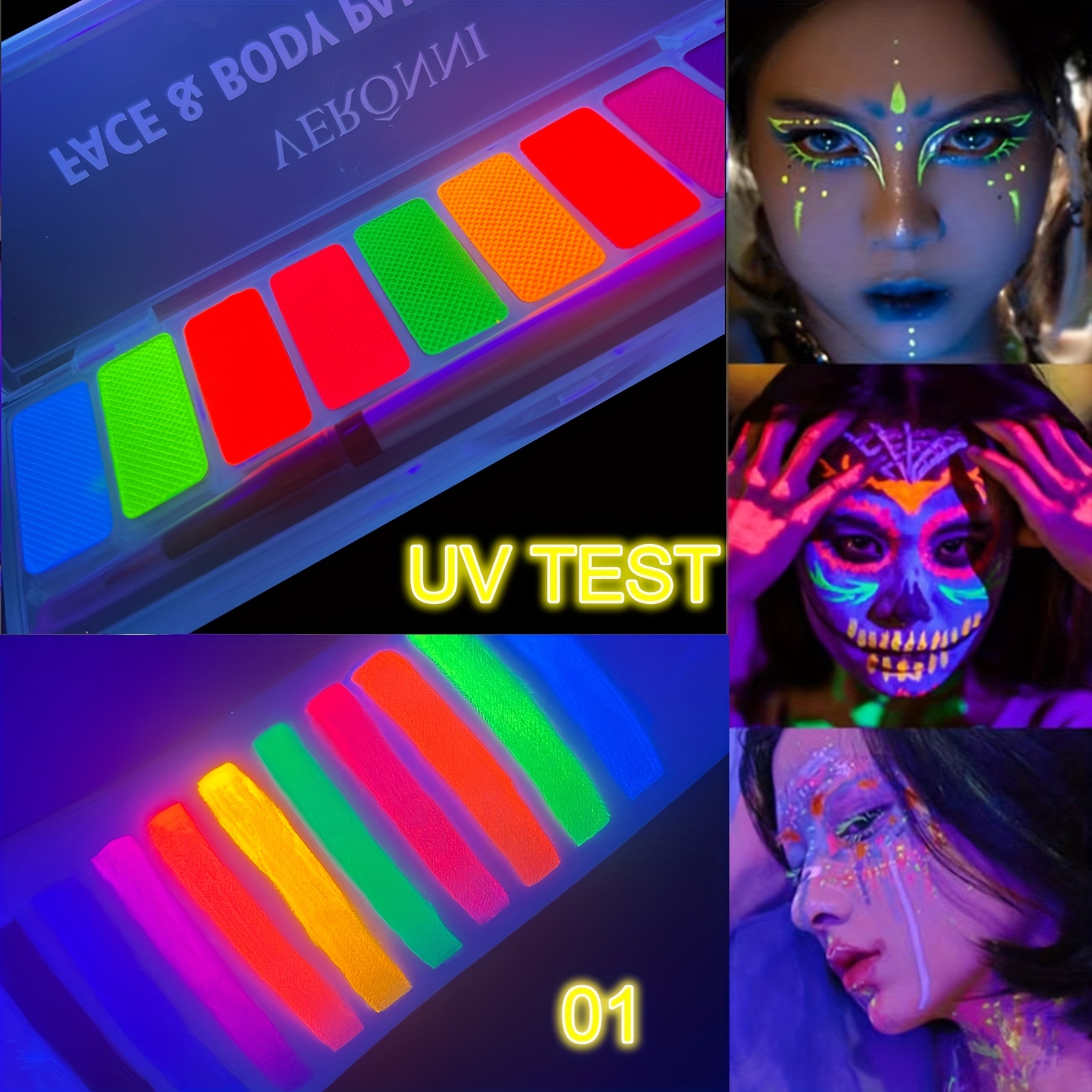 Peinture à la lumière noire, maquillage fluorescent uv, peinture noire  brillante, peinture visage brillante fard à paupières néon, 8 couleurs