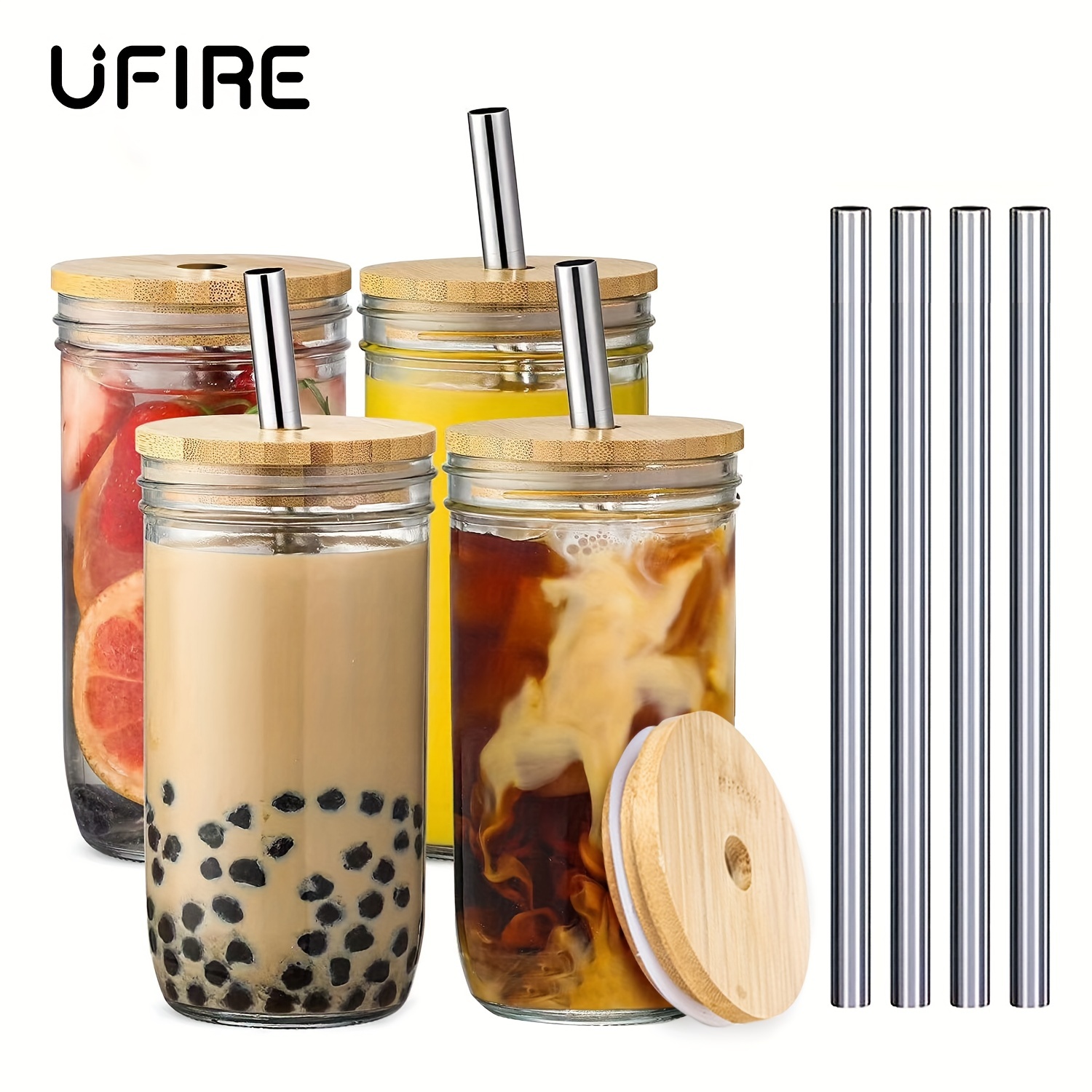 Iced Coffee Glass Cup with Bamboo Lid and Straw | 550ML/470ML Beer Can  Glass with Lids and Straw | Camping Cup | Can Shaped Glass Soda Can Cup 