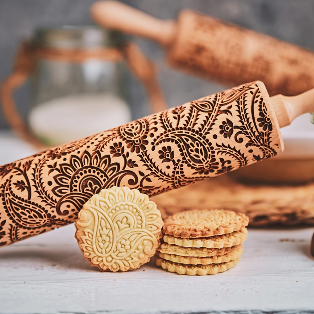 1pc, 13.7inch Wooden Embossing Rolling Pin With Buttlerfly Flower Pattern,  Deep Laser Engraving Wooden Roller Cookie Stamp Tool For Pastry, Cake Bakin