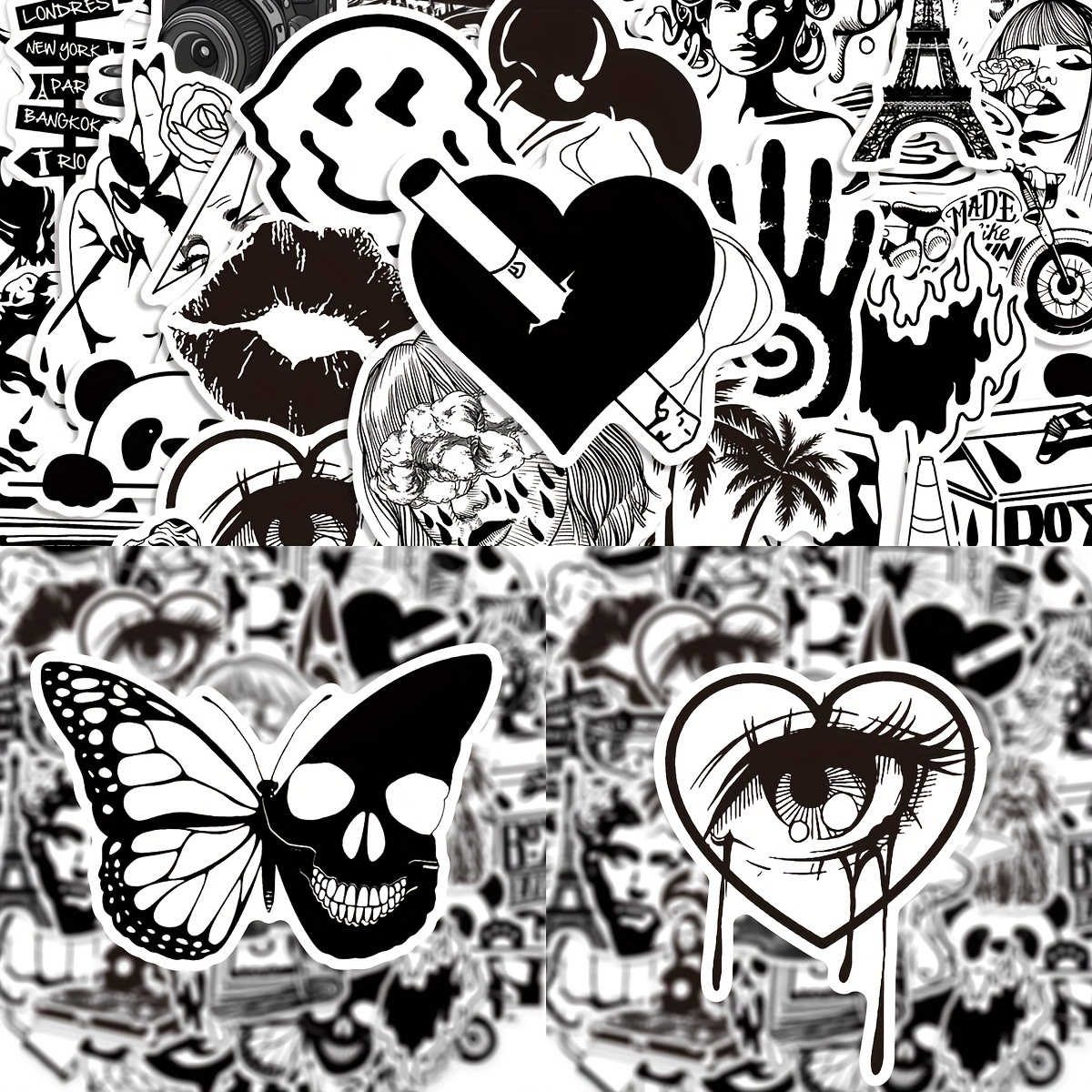 50 pcs aléatoire noir et blanc punk anime autocollants décor à la maison  autocollant sur bagages moto skateboard stickers muraux autocollants pour