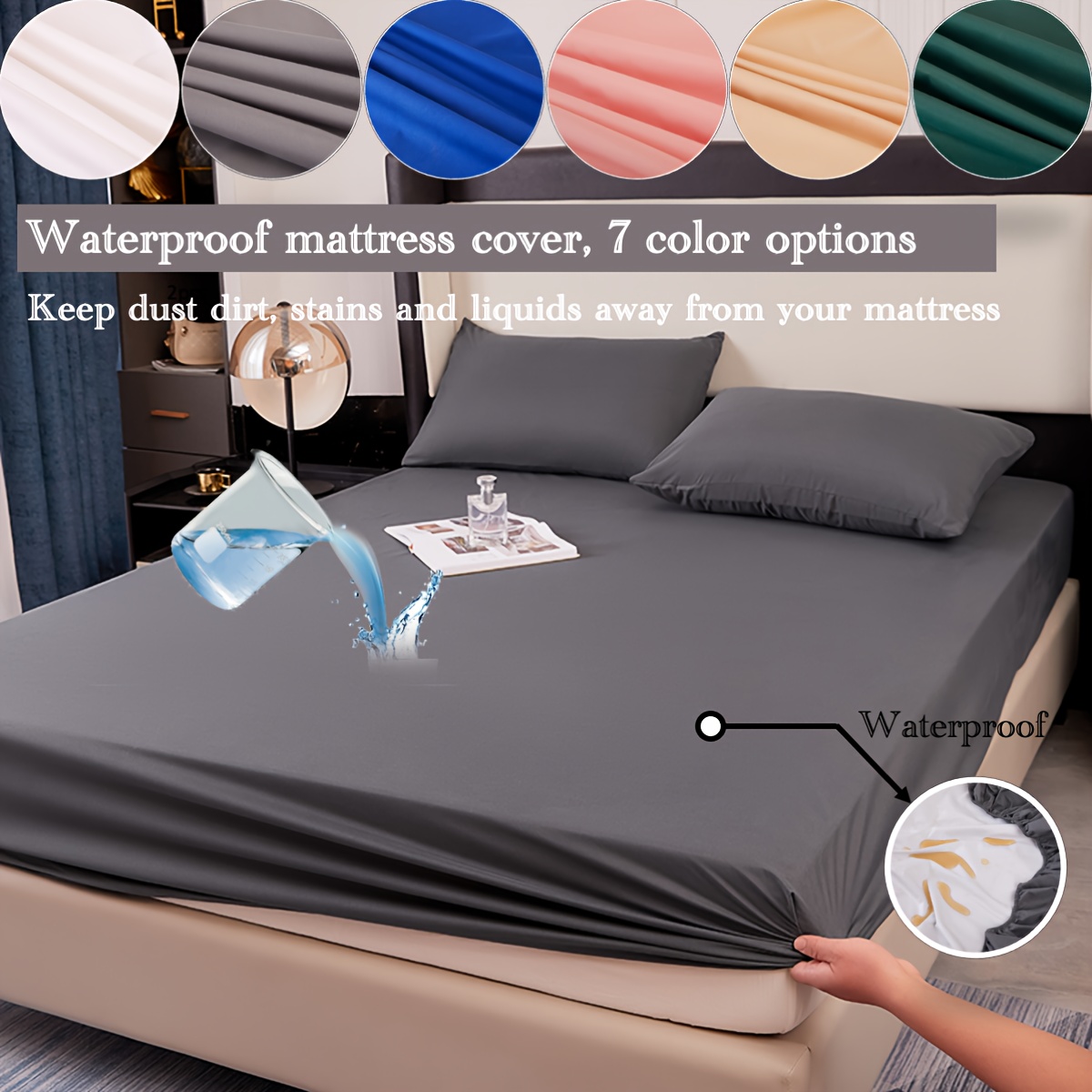 Funda de cama elástica impermeable, Protector de colchón suave, Queen King,  Color sólido, cubierta de látex