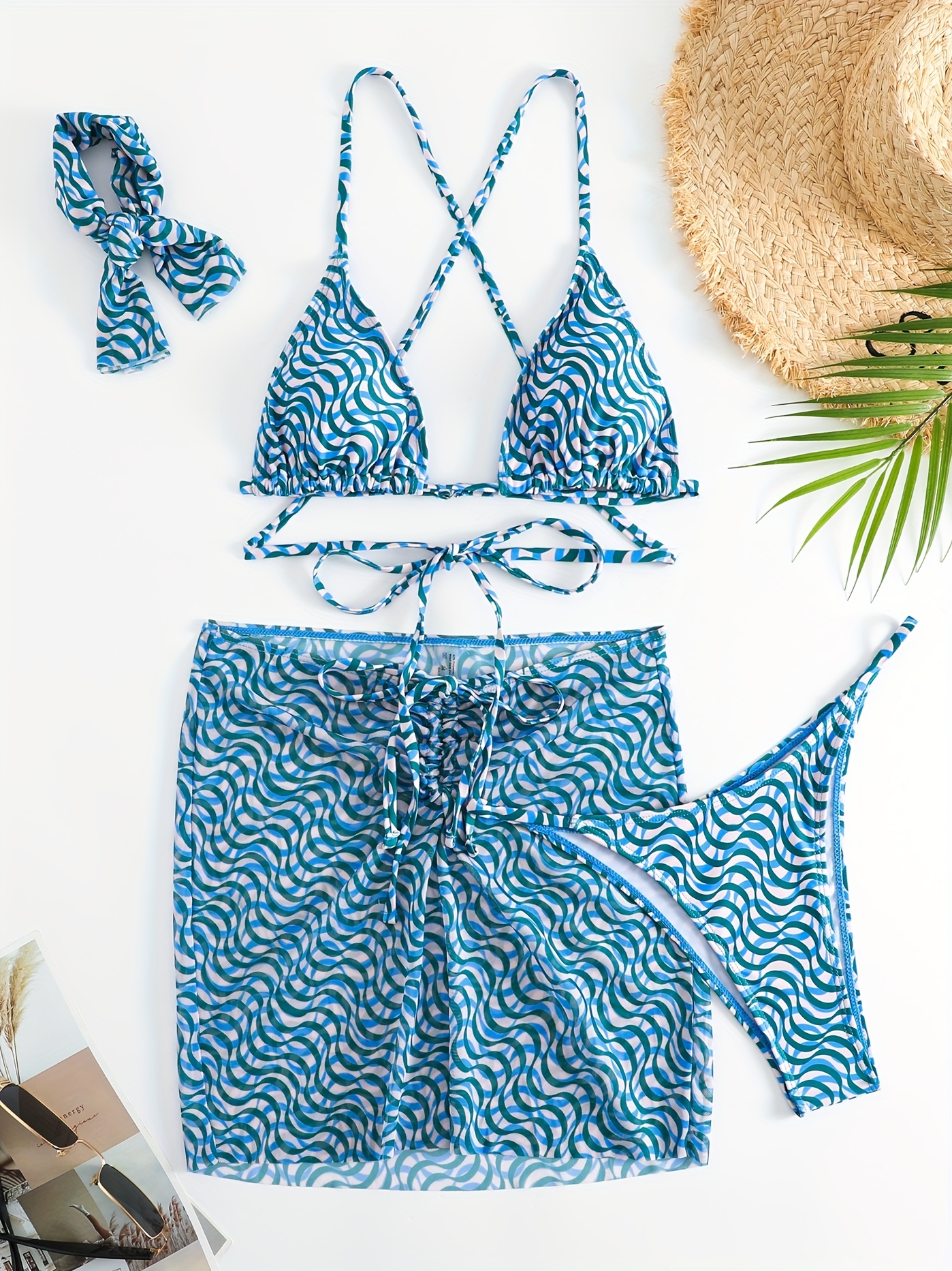 SHEIN VCAY Chain Bikini Swimsuit & Tropical Print Sarong Set