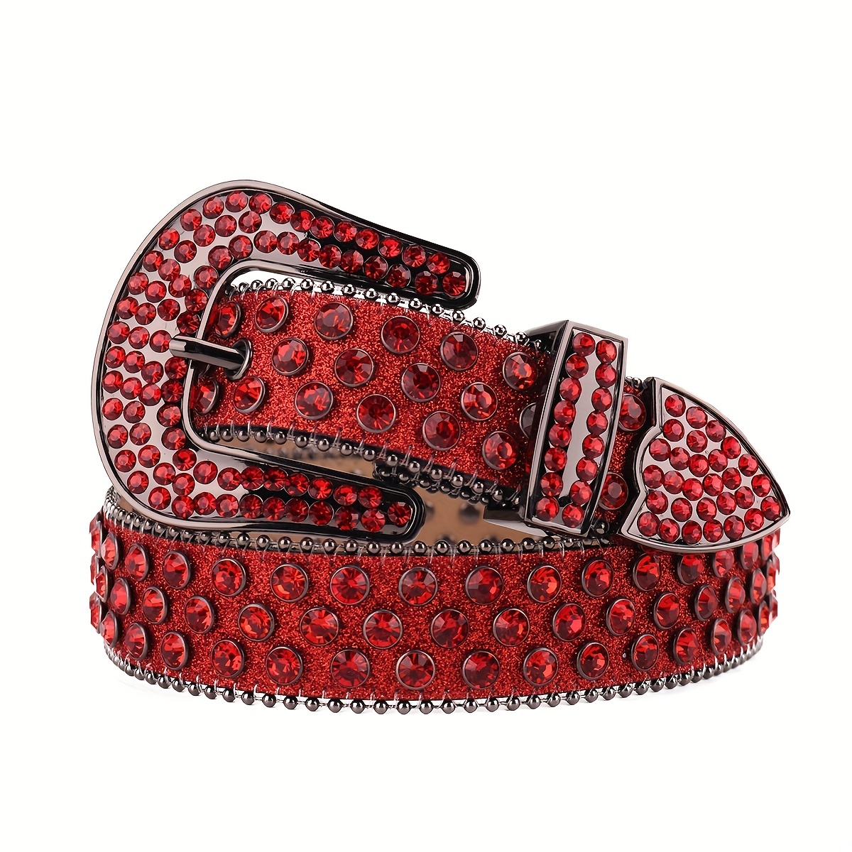 Western Red Rhinestone Belt Metal Globe Buckle Diamond Embellished