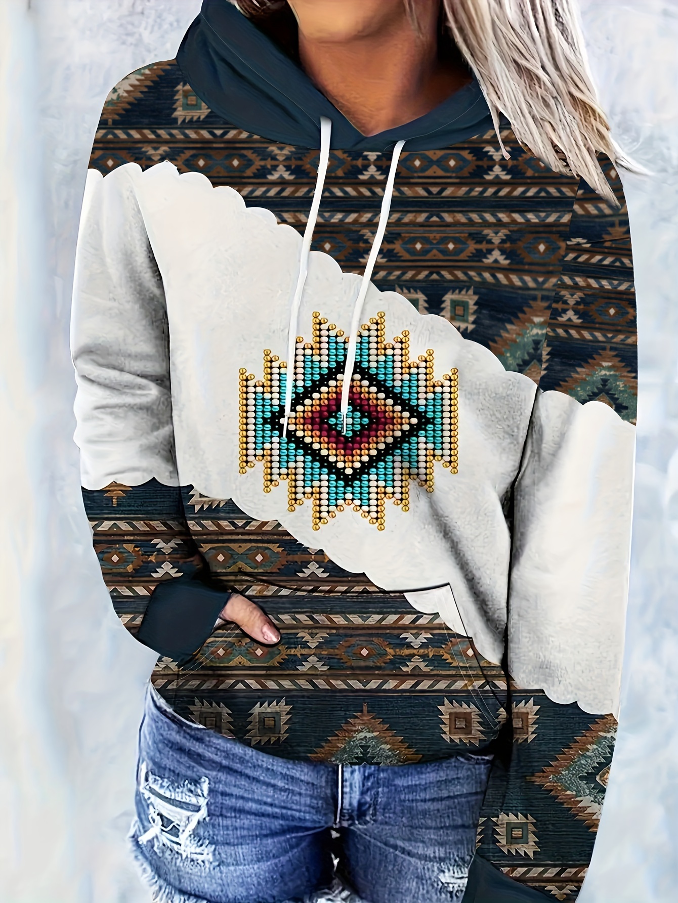 Women's Geometric Horse Print Aztec Hoodie Pullover Cowgirl Western Ethnic  Style Printed Hooded Sweatshirt