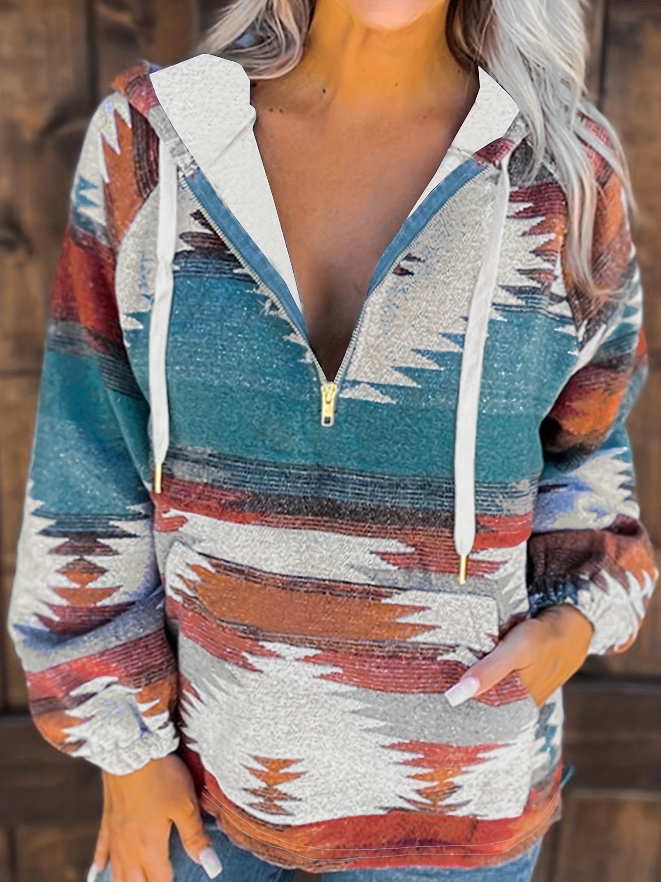 Aztec Print Quarter Zip Loose Sweatshirt, Casual Long Sleeve Western Style  Sweatshirt, Women's Clothing