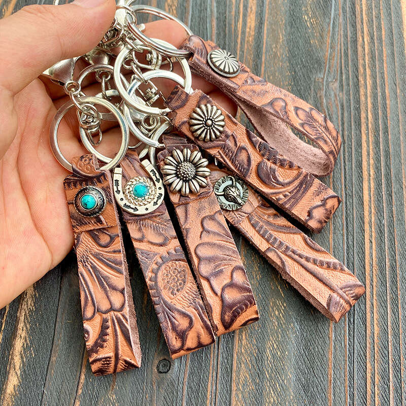 Vintage Tooled Leather Keychain Card Wallet
