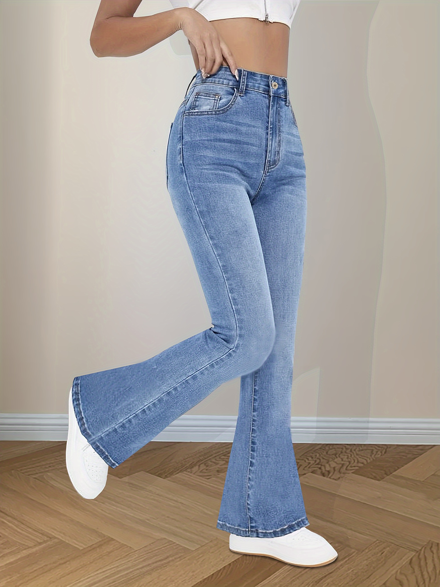 Solid Color Butt Lifting Flare Jeans Women Vintage Stretchy - Temu Canada