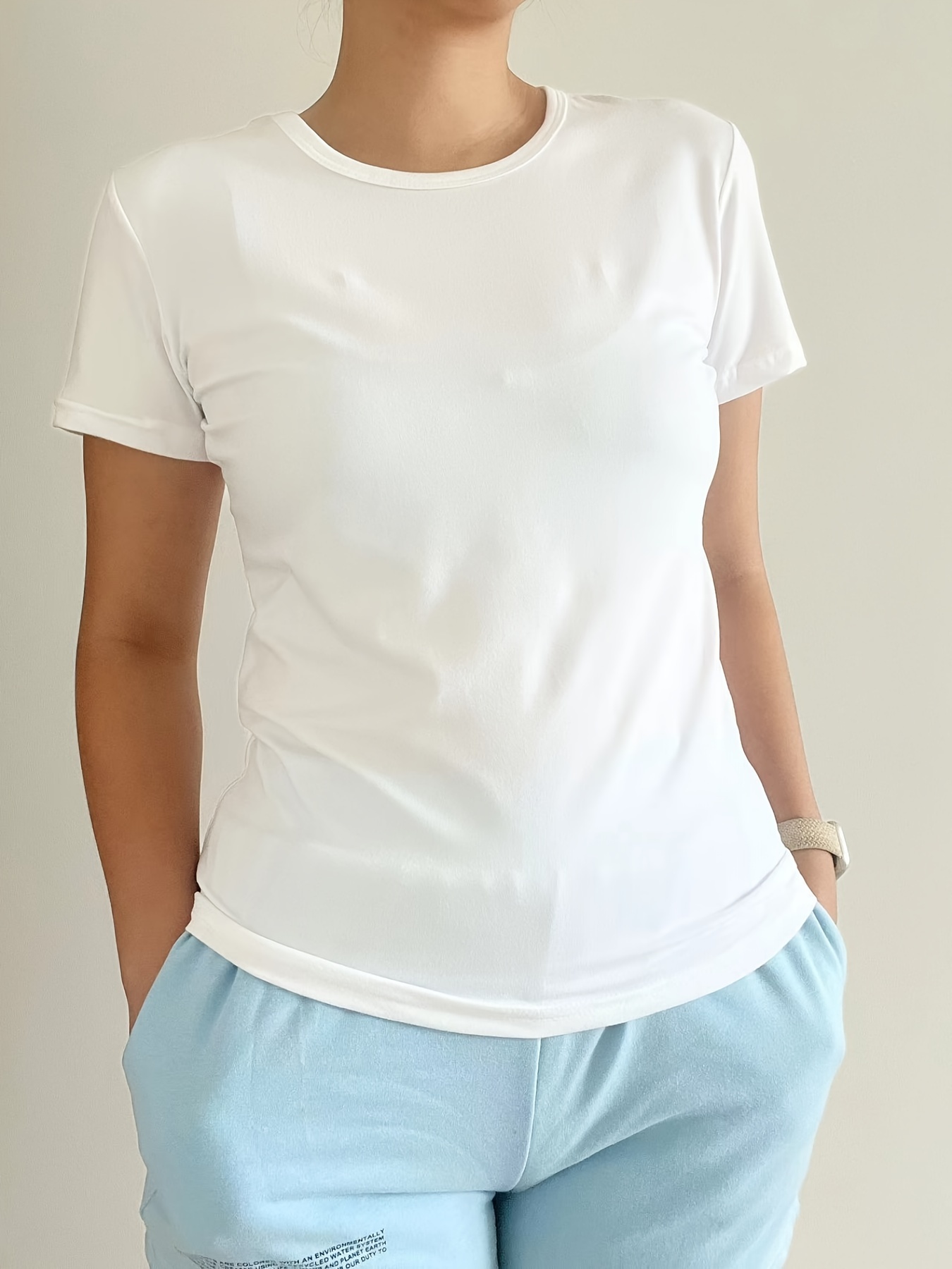 Camiseta Manga Corta Elastizado Alto Solo Color Camiseta - Temu