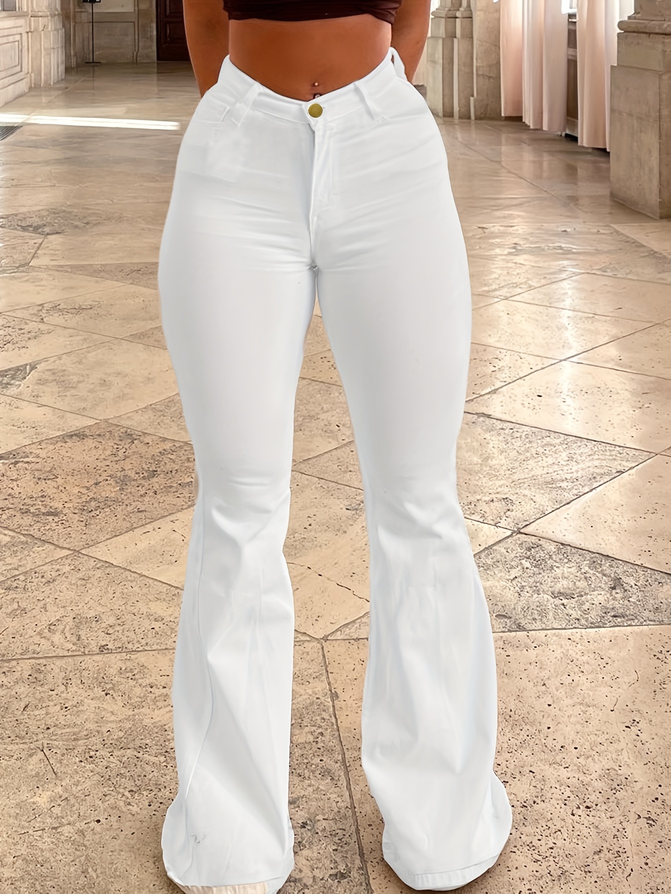 Girls Ribbed Fabric Casual Bell-bottom Pants, Versatile & Elegant Bottoms  For Spring And Fall
