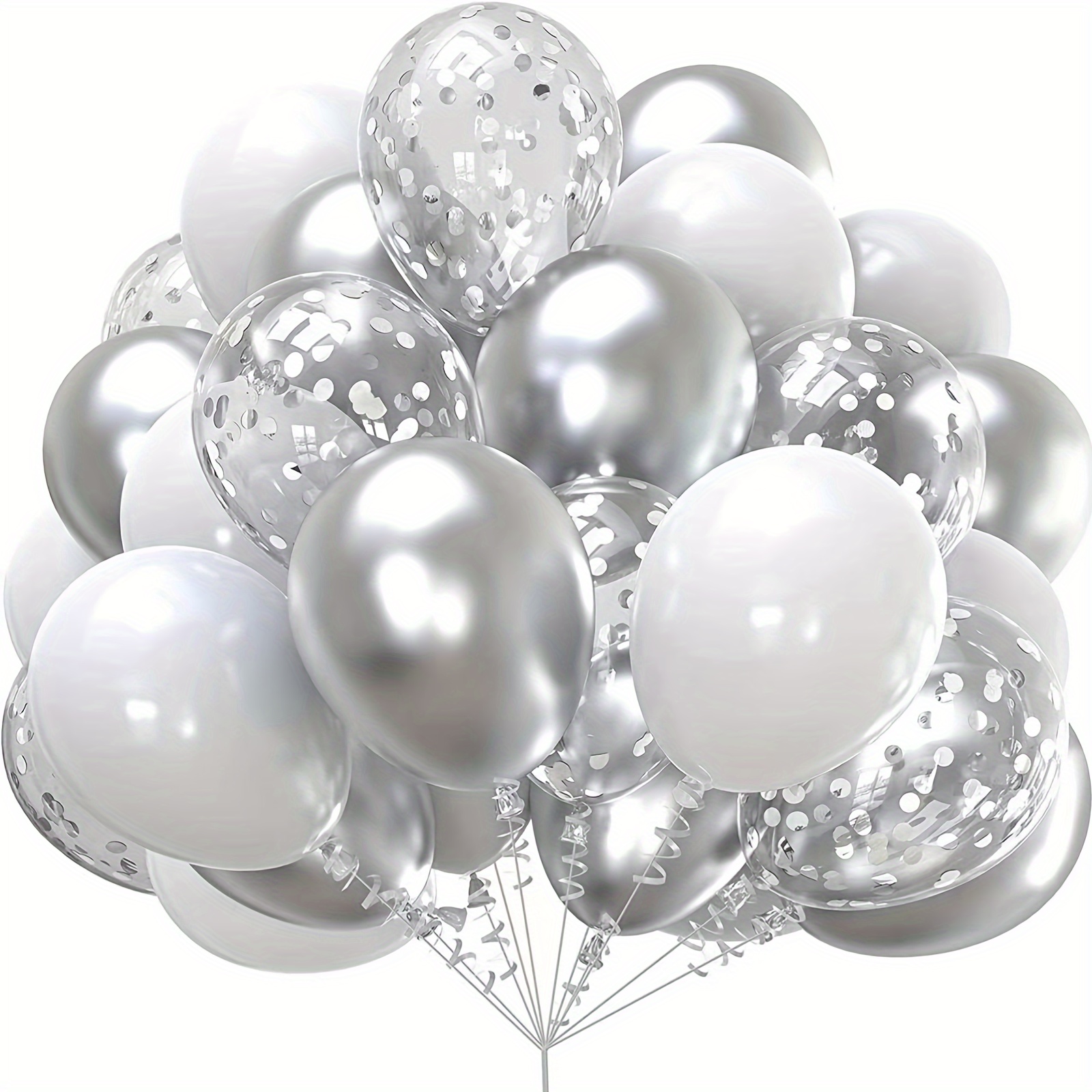Globos negros y plateados, 60 globos plateados metálicos negros y blancos  de 12 pulgadas con globos de confeti plateados, globos de látex de helio