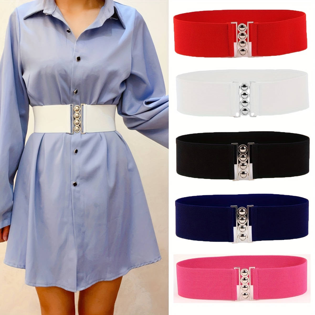 Large Square Pearl Buckle Women Stretch Pearl Belt Dress Coat Waistbands  Korean