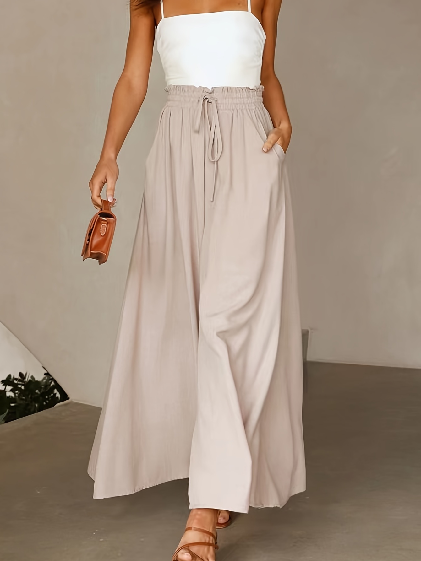 Women's High Waisted Plicated Side Pocket Wide Leg Flowy Solid