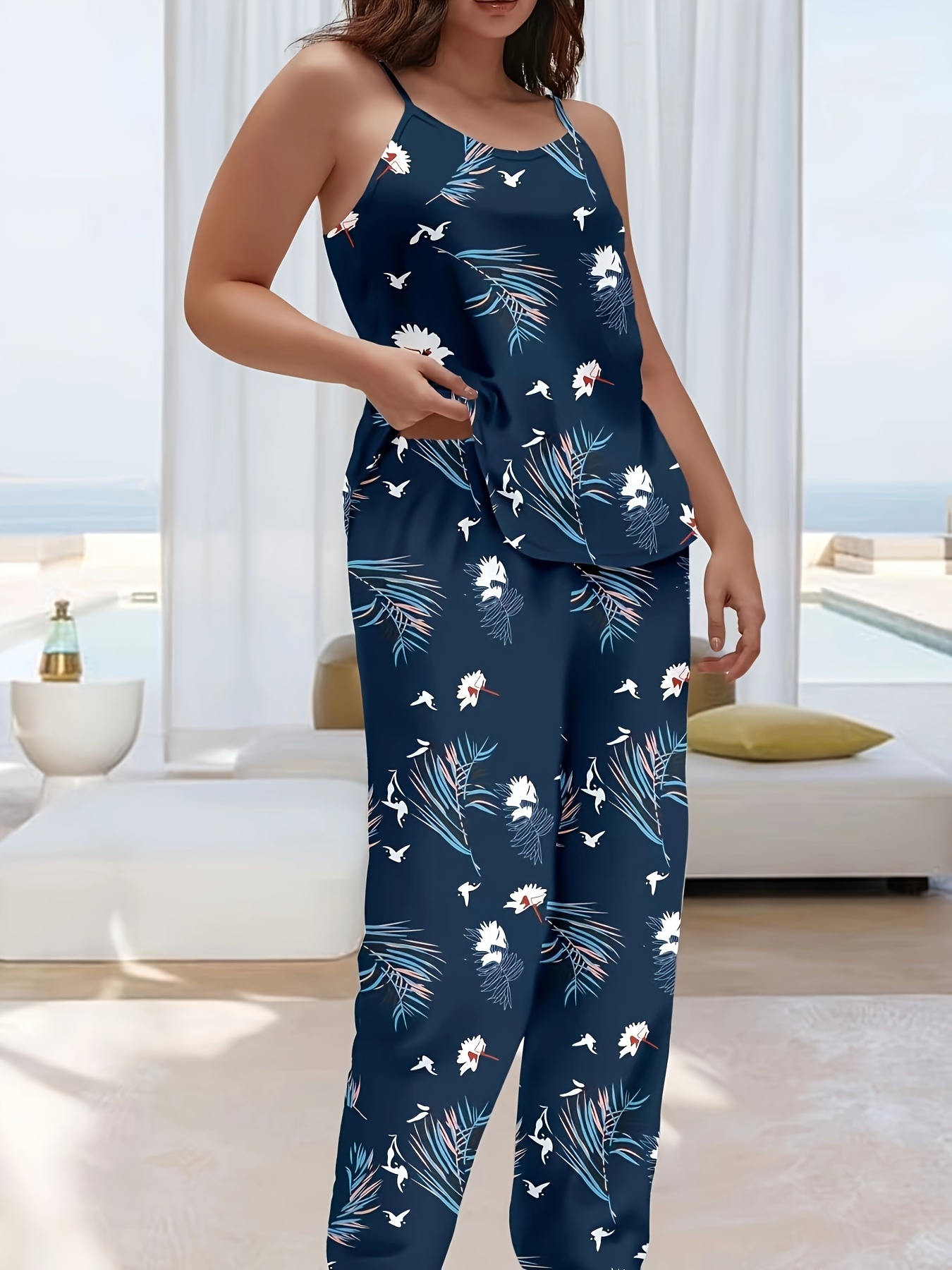 Flamingo Print Pajama Set V Neck Cami Crop Top Elastic - Temu