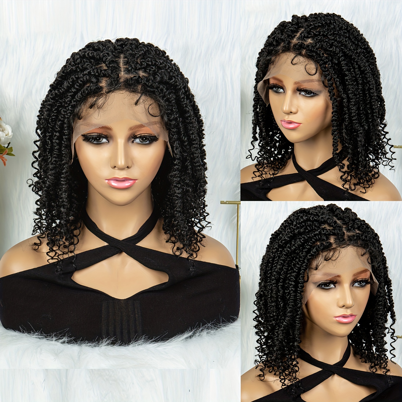 Short Bob Twist Braided Wigs Bead Decor Women Synthetic Lace - Temu Canada