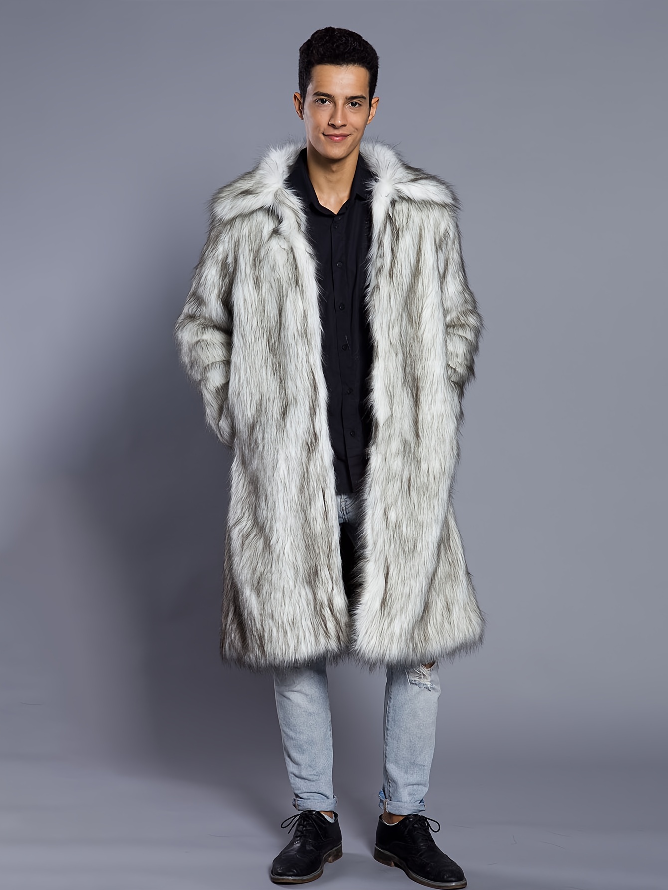 Mens Faux Mink Fur Jacket Lapel Fur Collar Coat Mid Long Thicken