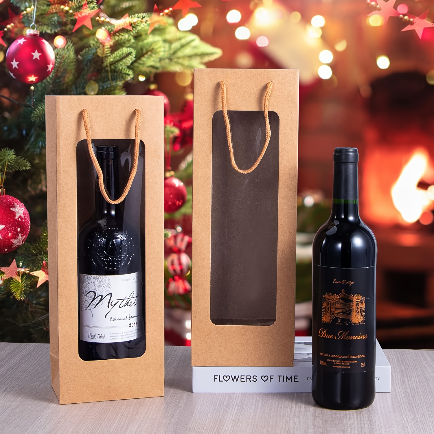 Bolsas de regalo para botella de vino marrón a granel, paquete de 10 bolsas  de regalo de papel kraft con asas de 4 x 4 x 14 pulgadas para alcohol de