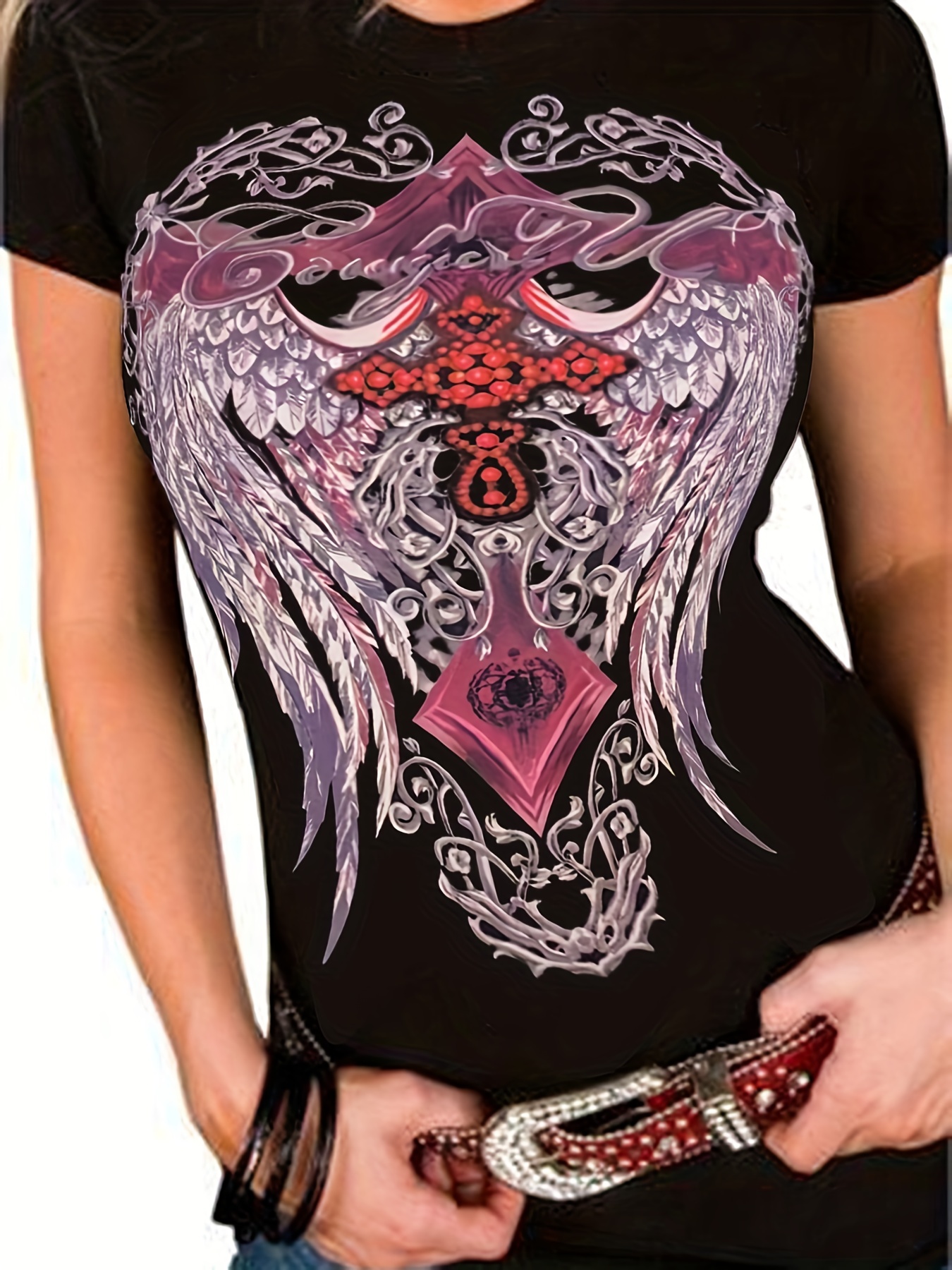 Schwarzes Leopardenmuster Totenkopf T-Shirt, Gothic Damen Tops