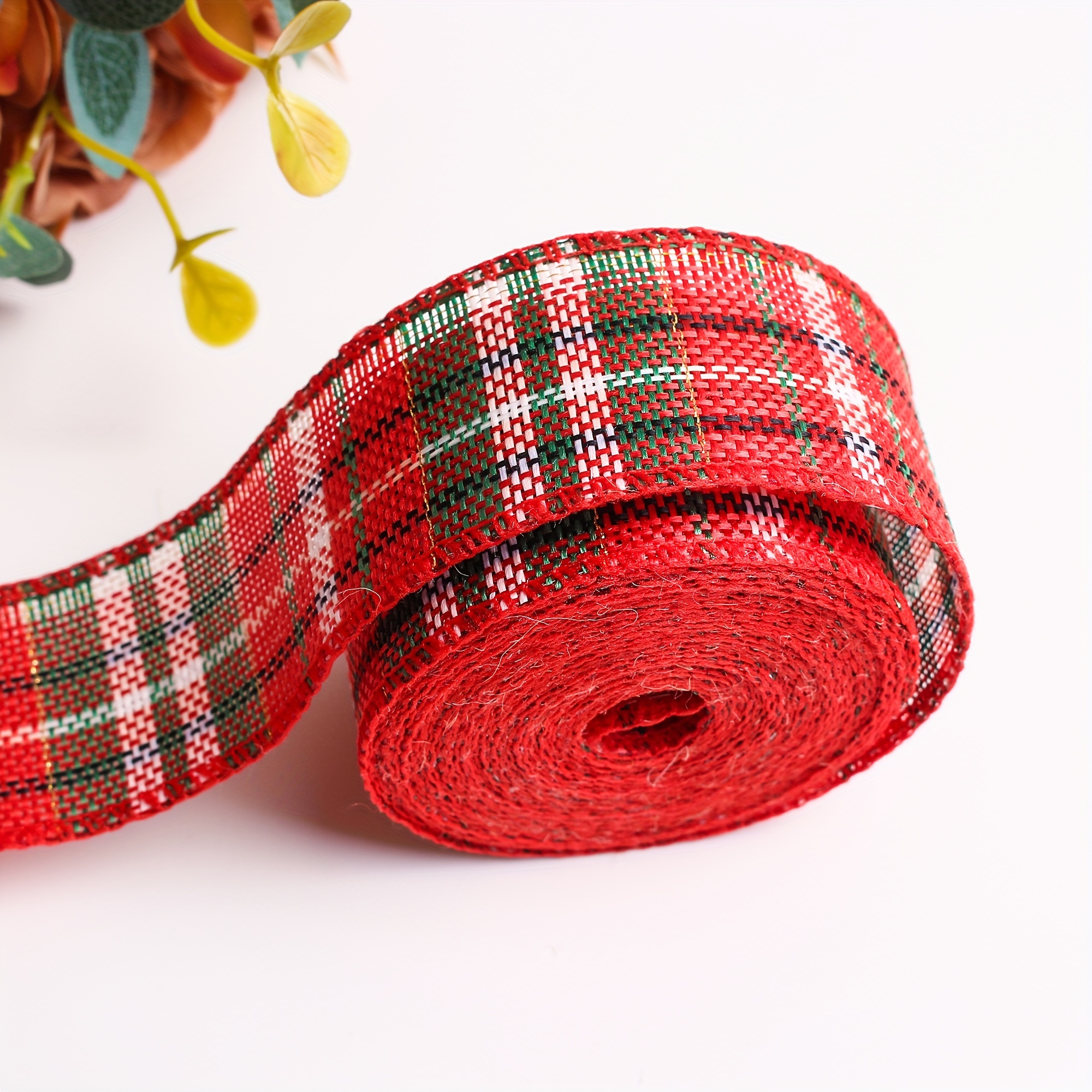 2.36 Inch Wide 6.56 Yards Gingham Ribbon Wired Edge, Red Green and