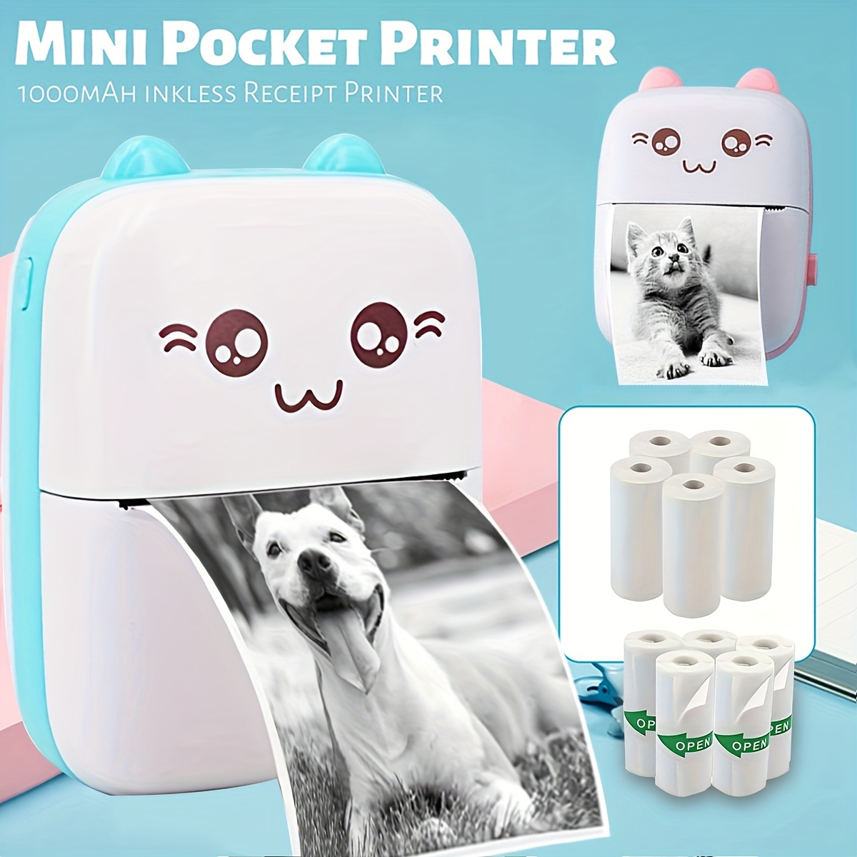 PRINHSJI Mini impresora térmica portátil, impresora de bolsillo sin tinta  Bluetooth, compatible con iOS y Android, impresora de recibos portátil para