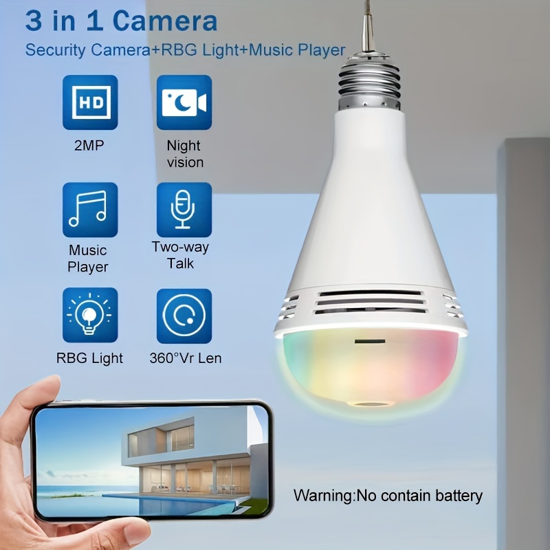 Caméra de sécurité intelligente à ampoule, caméra ip de surveillance Vr  sans fil 2k 3mp 360 degrés 2,4 g, caméra ip de surveillance vr sans fil  intérieure / extérieure pour moniteur de