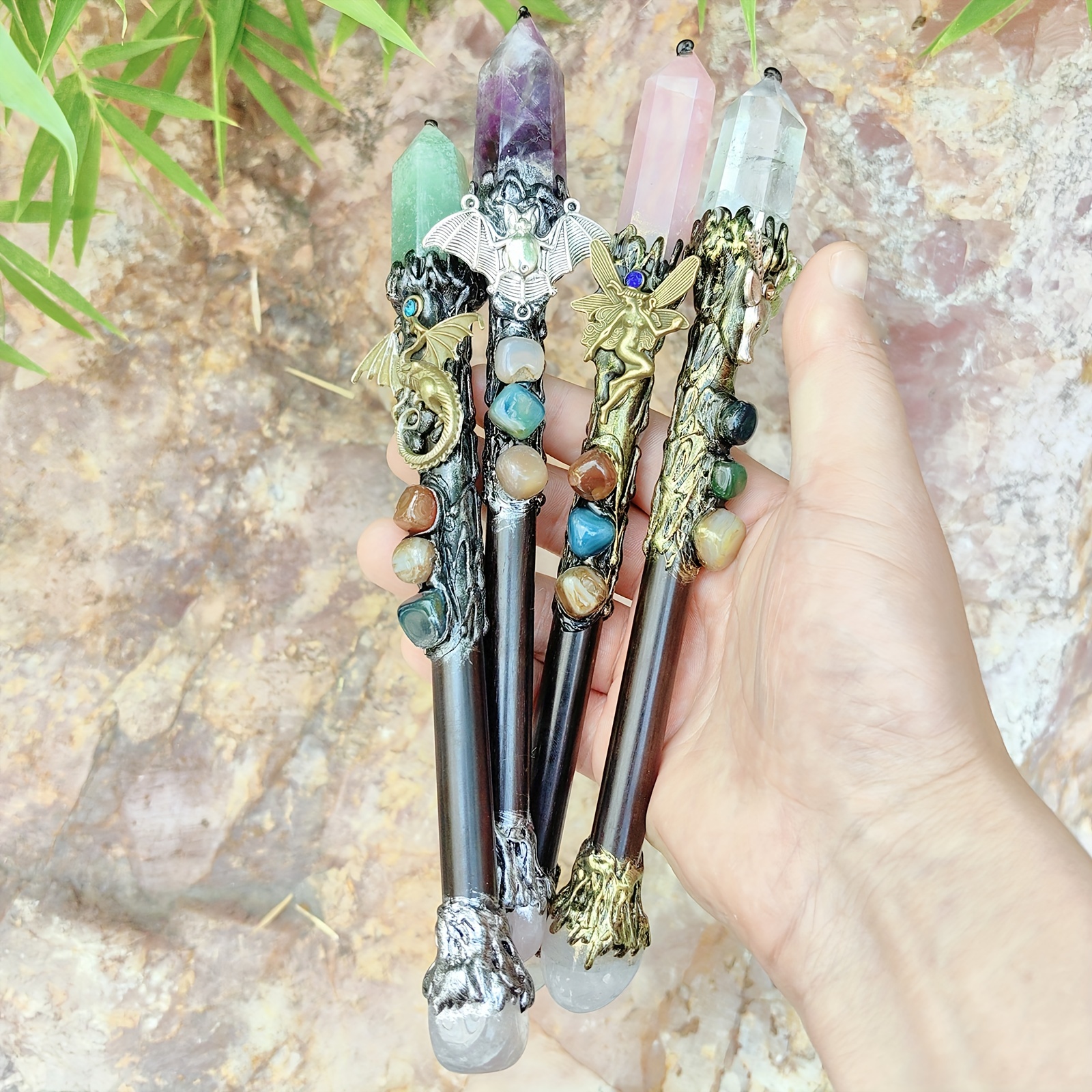 Retro Double-headed Crystal Magic Wand Wood Stick Wicca Altar