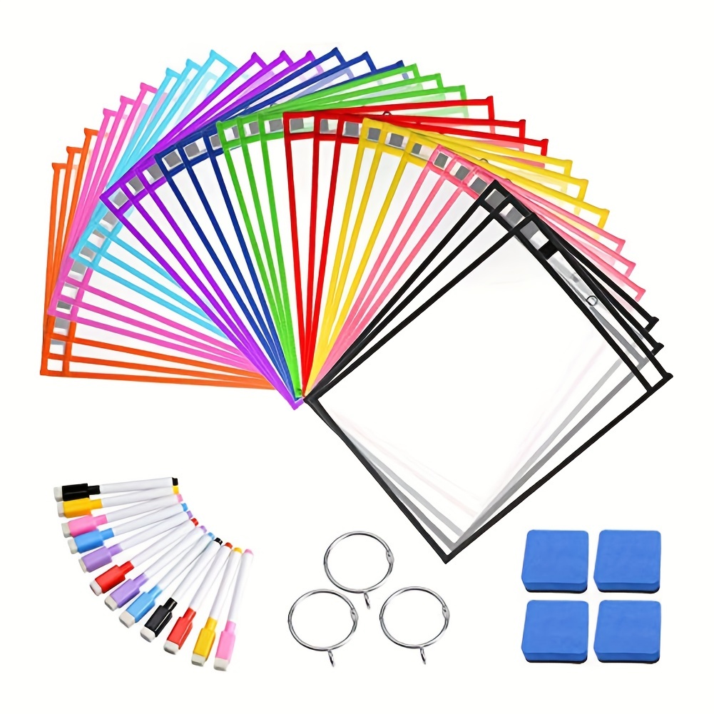 Buy Dry Erase Pockets Sleeves 30 Pcs with 2 Rings, Clear Paper