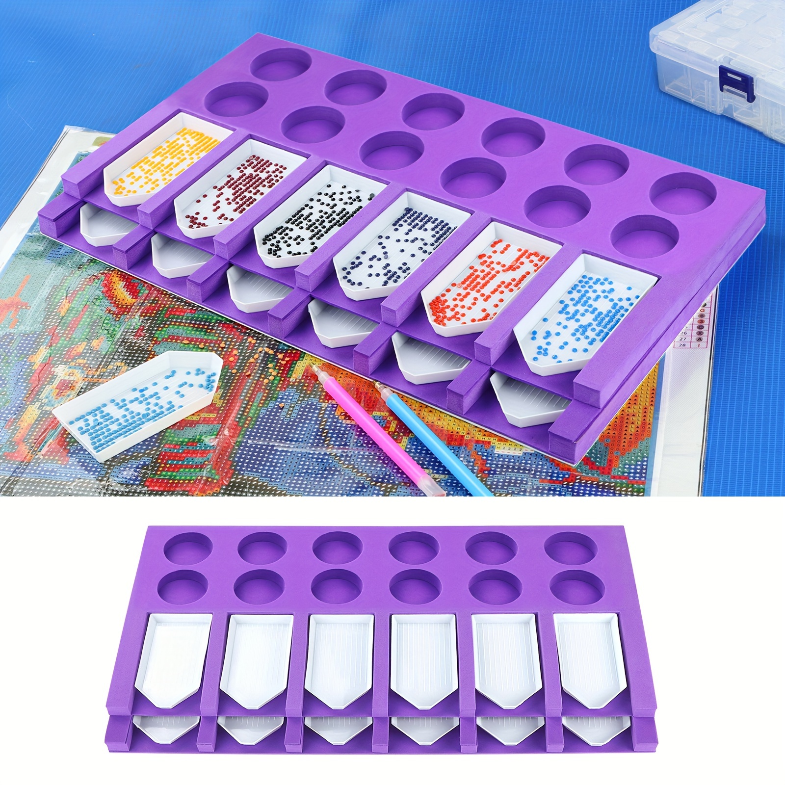 Diamond Painting Accessories Tray Organizer, 12 Slots Trays, White, Purple